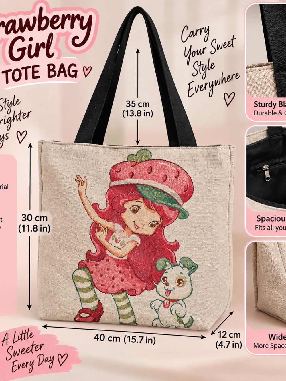 Strawberry Girl Tote Bag - Beige with Red & Green Artwork